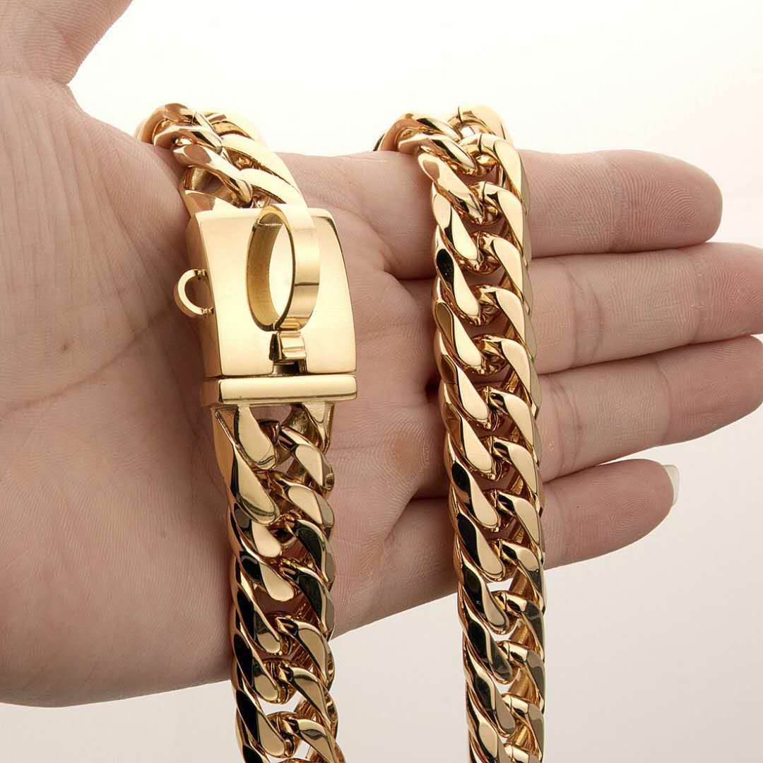 17mm Gold Stainless Steel Dog Collar & Leash Set - Dog Chain Necklace