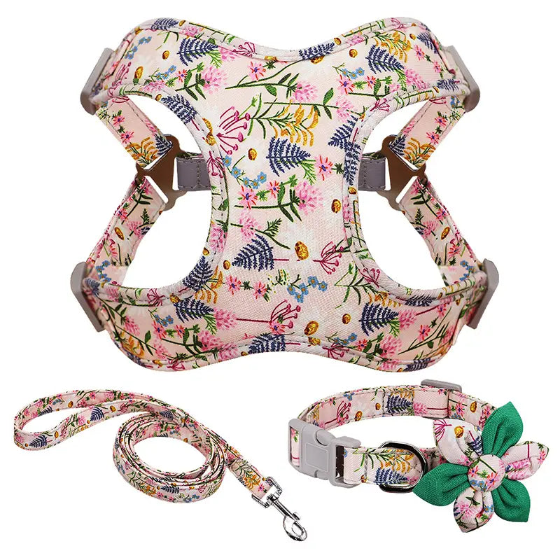 BloomWalk: Flower Printed Dog Collar Harness & Leash Set