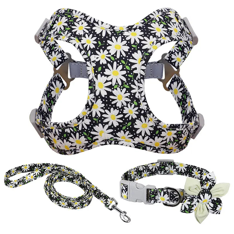 BloomWalk: Flower Printed Dog Collar Harness & Leash Set