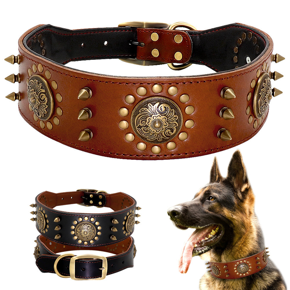 Leather Studded Anti-Bite Dog Collar for Large Breeds