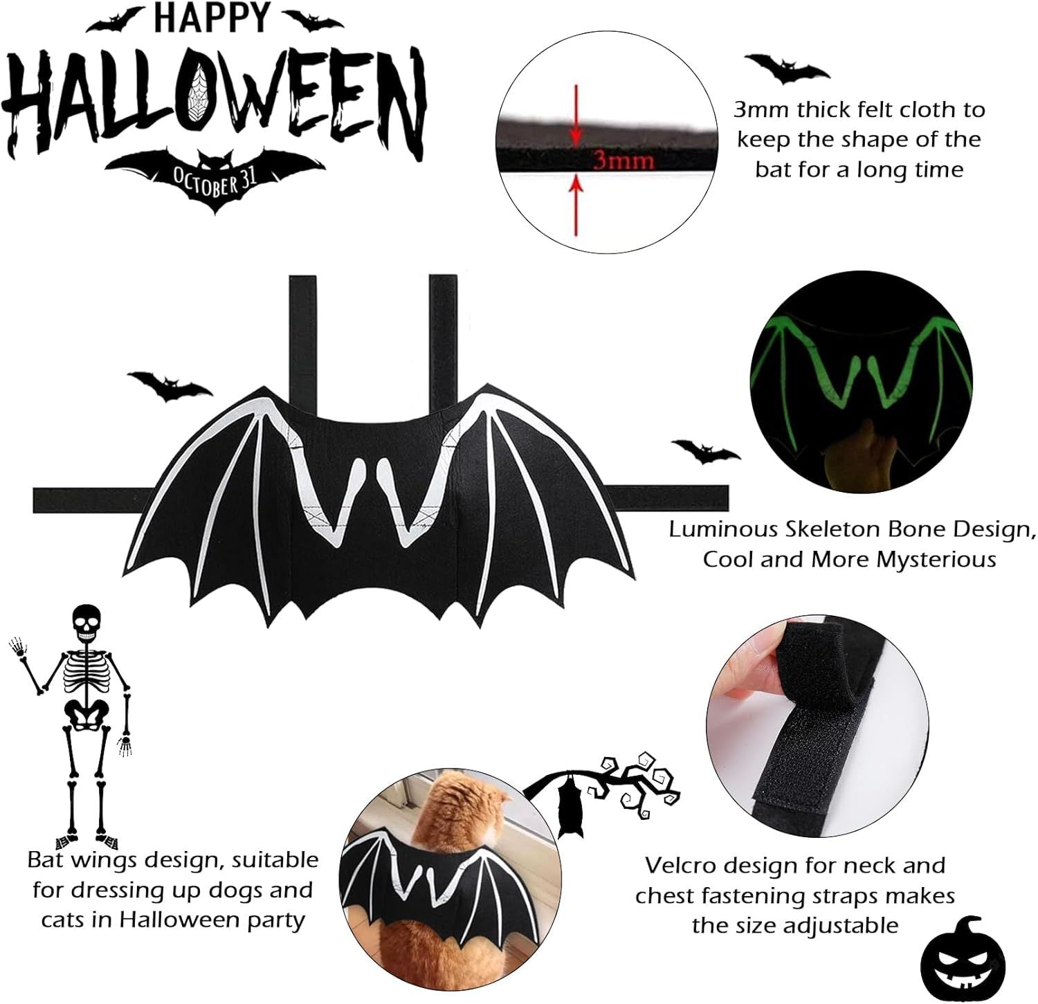 Bat Costume Cool Luminous Skeleton Bone Bat Wings Pets