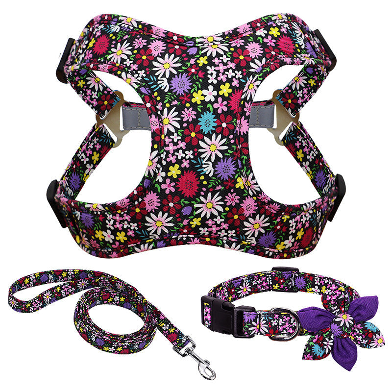 BloomWalk: Flower Printed Dog Collar Harness & Leash Set - Floral purple threepiece suit / L