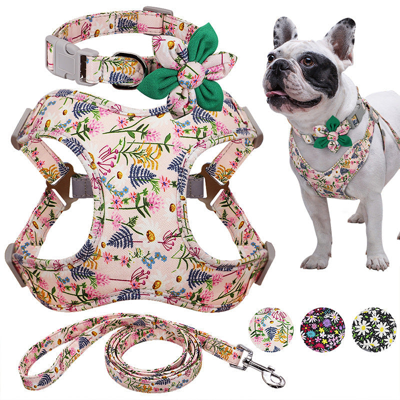 BloomWalk: Flower Printed Dog Collar Harness & Leash Set - Threepiece floral powder set / L